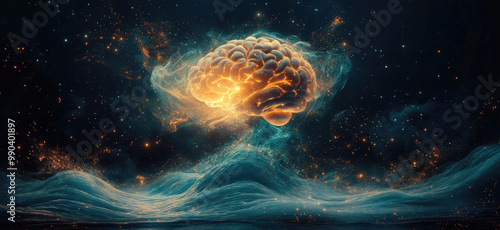 An artistic representation of the brain in an explosion, with waves and glowing energy emanating from it, set against a deep space or starry sky background. Created with Ai