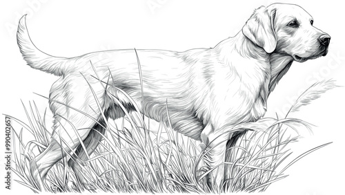 Labrador Standing in Tall Grass Coloring Book Page for Kids Adorable Illustration Lush Grass Scene Fun Outdoor Setting Drawing for Children Playful Dog Art Page