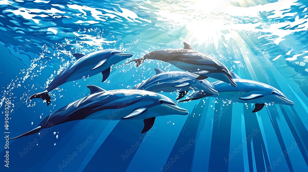 Obraz premium A pod of dolphins swim through the crystal clear water, sunlight streams through the surface.