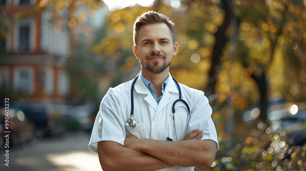 Portrait of handsome doctor in uniform outdoors. Work-life balance of healthcare worker