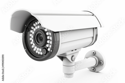 Close-up view of modern CCTV security camera isolated on white background. Concept of surveillance and security systems