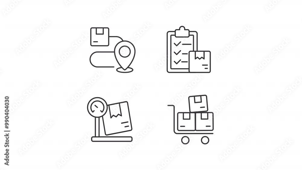 Planning delivery animation set. Logistics documentation animated line icons. Route plan, checklist. Black illustrations on white background. HD video with alpha channel. Motion graphic Planning delivery animation set. Logistics documentation animated line icons. Route plan, checklist. Black illustrations on white background. HD video with alpha channel. Motion graphic