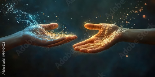 Two hands reaching out with water and light.