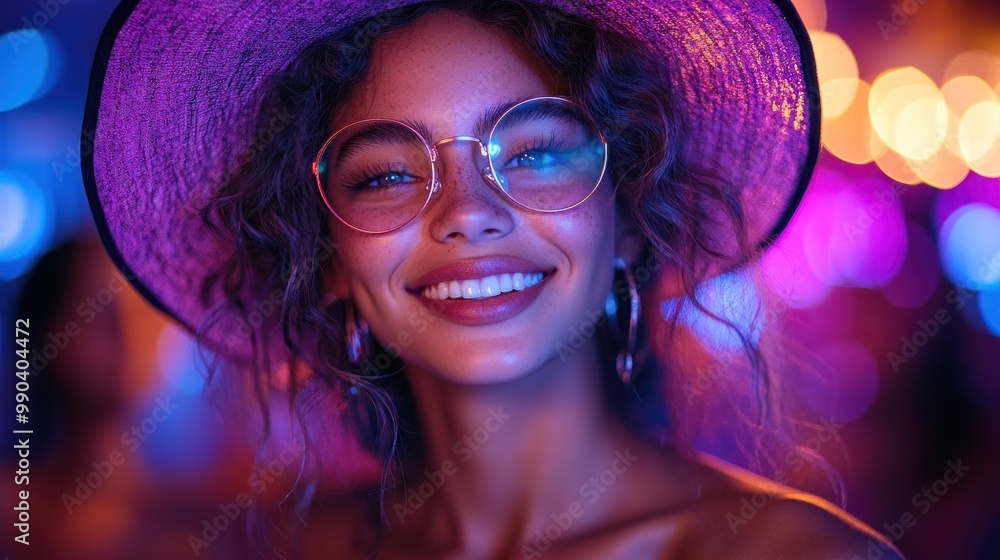 Smiling Woman In Neon Lights Smiling Woman In Neon Lights