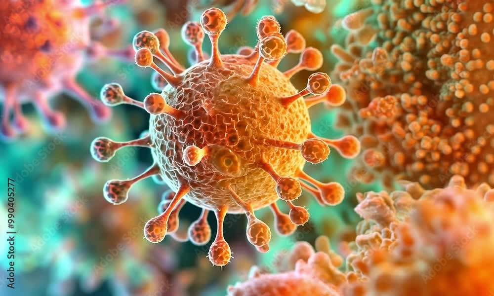 Close-up of a virus, showcasing its structure and surface proteins. Close-up of a virus, showcasing its structure and surface proteins.