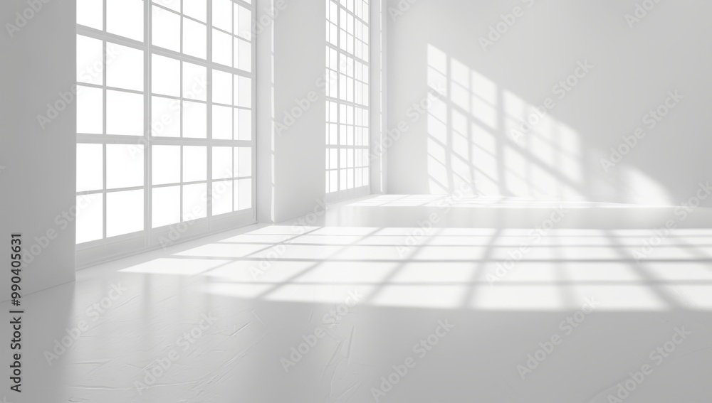 Abstract white room interior with window light and shadow on wall background, clean and minimal white background with geometric light elements for business Abstract white room interior with window light and shadow on wall background, clean and minimal white background with geometric light elements for business