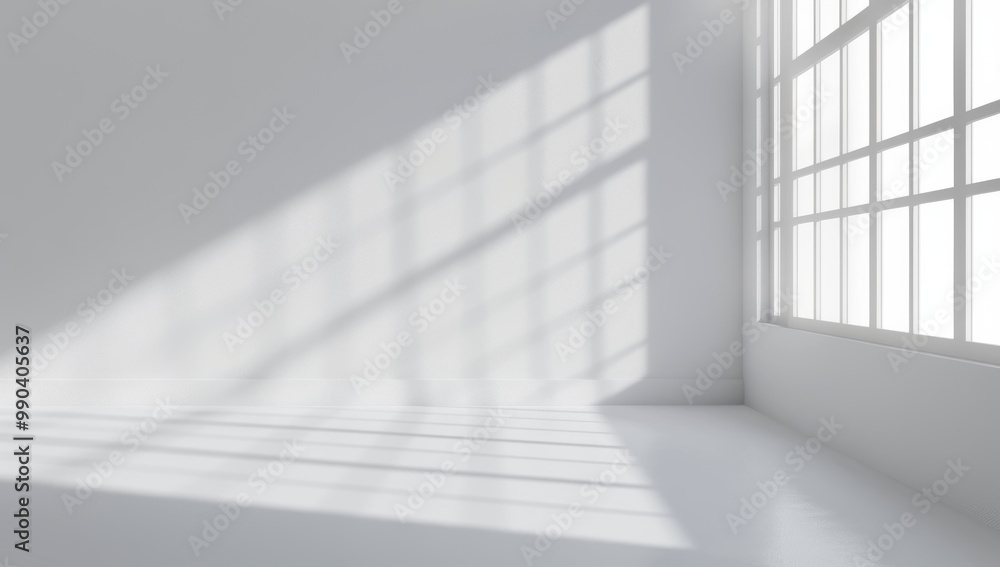 Abstract white room interior with window light and shadow on wall background, clean and minimal white background with geometric light elements for business Abstract white room interior with window light and shadow on wall background, clean and minimal white background with geometric light elements for business