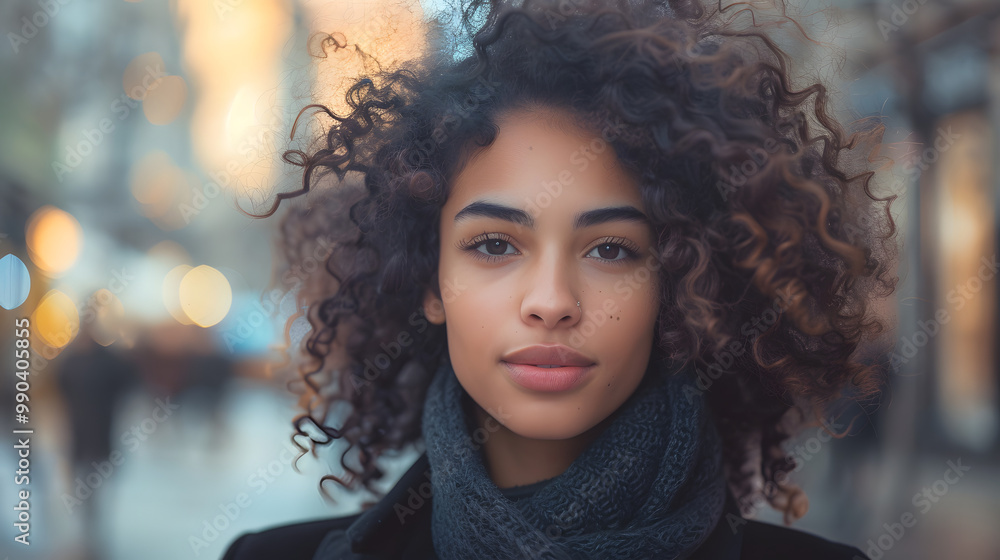 Fototapeta premium Portrait of young woman with curly hair in the city