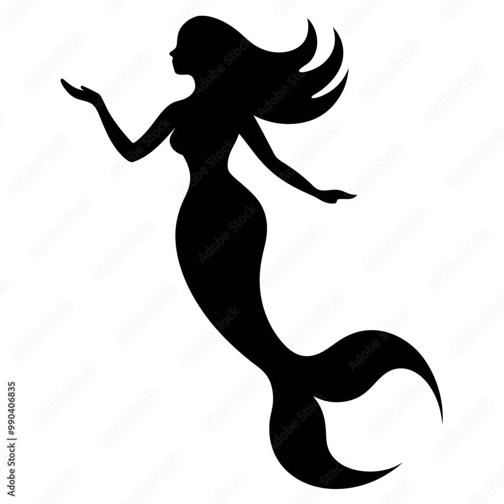 a black silhouette of a mermaid. The mermaid is shown in a side view, with her body facing towards the right side of the image a black silhouette of a mermaid. The mermaid is shown in a side view, with her body facing towards the right side of the image