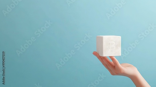 A minimalist image of a hand holding a 3D white cube with bitcoin coins on each face, against a blank blue backdrop, representing cryptocurrency.