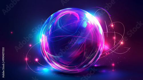 Abstract neon sphere with glowing lines on dark background