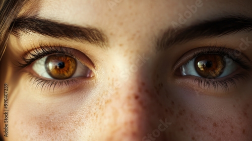 Close-up of a young person's beautiful brown eyes highlighting freckles and natural light in a soft, intimate setting