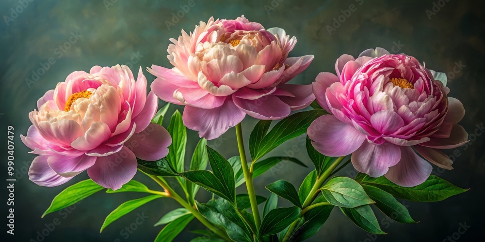 A Trio of Peonies A Close-Up Study of Delicate Pink Petals, Green Leaves, and Soft Lighting, Peonies, Floral, Bloom A Trio of Peonies A Close-Up Study of Delicate Pink Petals, Green Leaves, and Soft Lighting, Peonies, Floral, Bloom