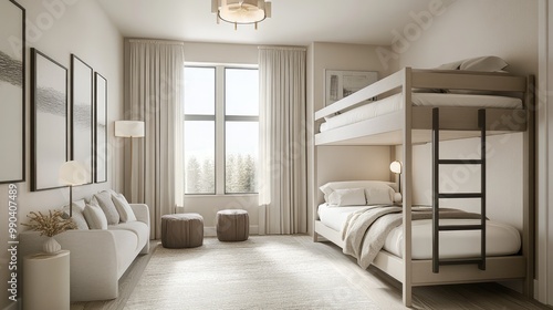 A modern, elegant bedroom featuring sleek bunk beds, clean lines, and minimalist . Neutral tones and contemporary furniture add sophistication to the space.