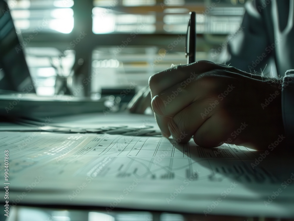 Naklejka premium Close-up of a person writing on documents at a desk, with a pen in hand and a laptop in the background in a dimly lit office setting.