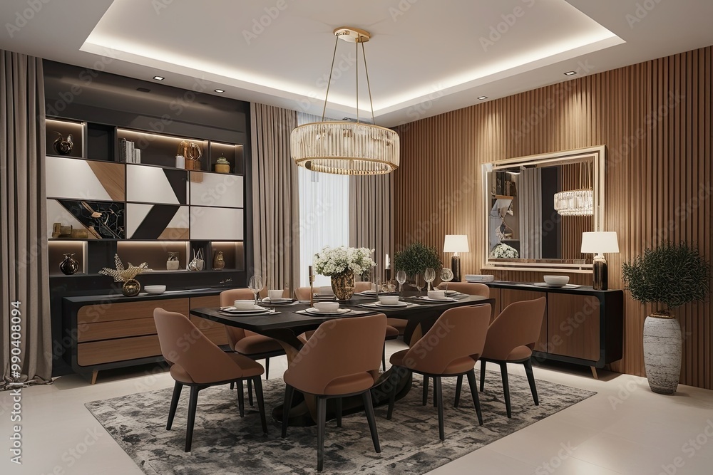 Cozy Modern Dining Room Interior Design 3D Render with Elegant Elements Cozy Modern Dining Room Interior Design 3D Render with Elegant Elements