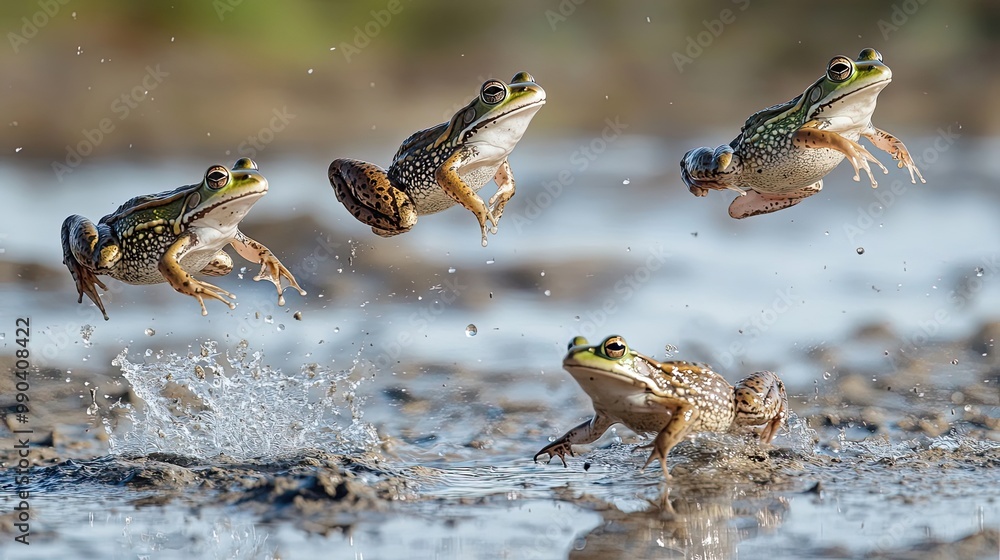 Four Frogs in Mid-Leap Over a Muddy Pond Four Frogs in Mid-Leap Over a Muddy Pond