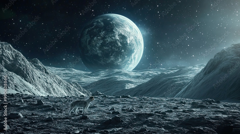 A Lone Wolf on a Distant Planet with a Blue Moon in the Sky A Lone Wolf on a Distant Planet with a Blue Moon in the Sky