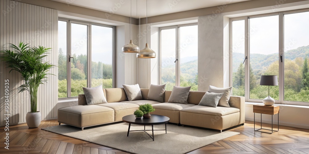 Fototapeta premium Living Room with Beige Sectional Sofa and View of the Forest, 3D Rendering, Interior Design, Modern Home, Living Room Decor, Sectional Sofa, Beige Sofa