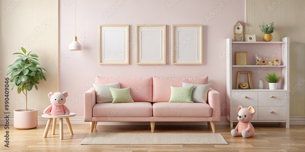 Living Room with Pink Sofa and Wooden Frames, 3D Rendering, Mockup, Interior Design, Pink, Living Room, Sofa Living Room with Pink Sofa and Wooden Frames, 3D Rendering, Mockup, Interior Design, Pink, Living Room, Sofa