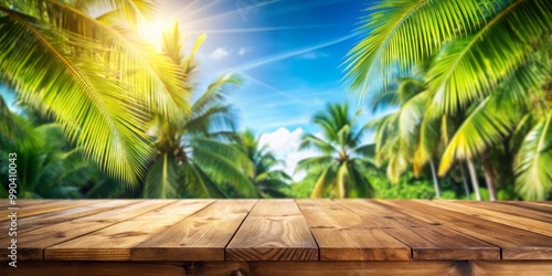 Palm Trees Wooden Table, Tropical, Summer, Vacation