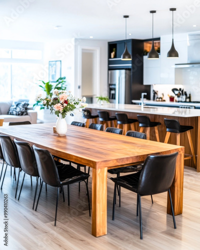 Modern dining area with a wooden table, stylish black chairs, and an inviting kitchen in a contemporary home interior