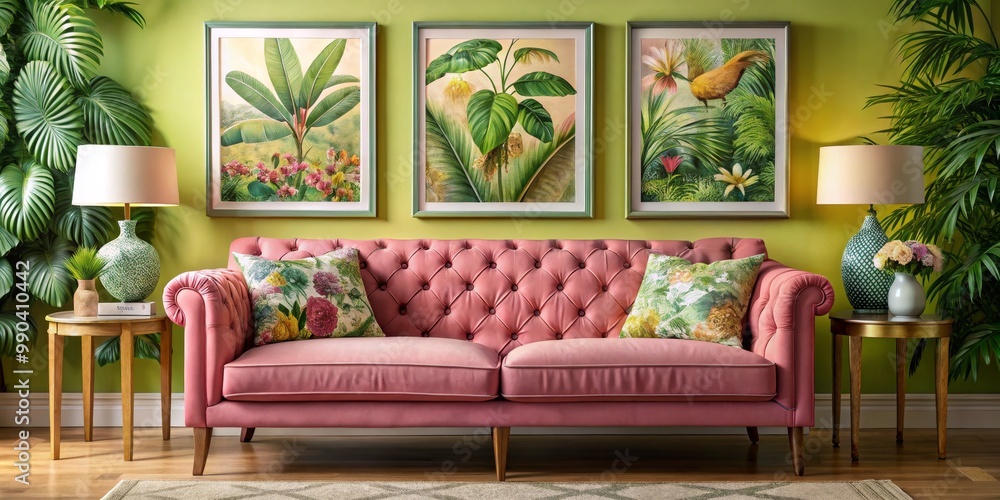 Fototapeta premium Pink Sofa with Green Tropical Art, 3 Framed Pictures, Lush Greenery, Floral Pillows, and Side Tables, home decor, interior design
