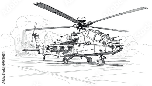Military Attack Helicopter on Takeoff Pad Coloring Book Page for Adult Detailed Illustration Aviation Scene Exciting Military Vehicle Drawing Dynamic Aircraft Art Page