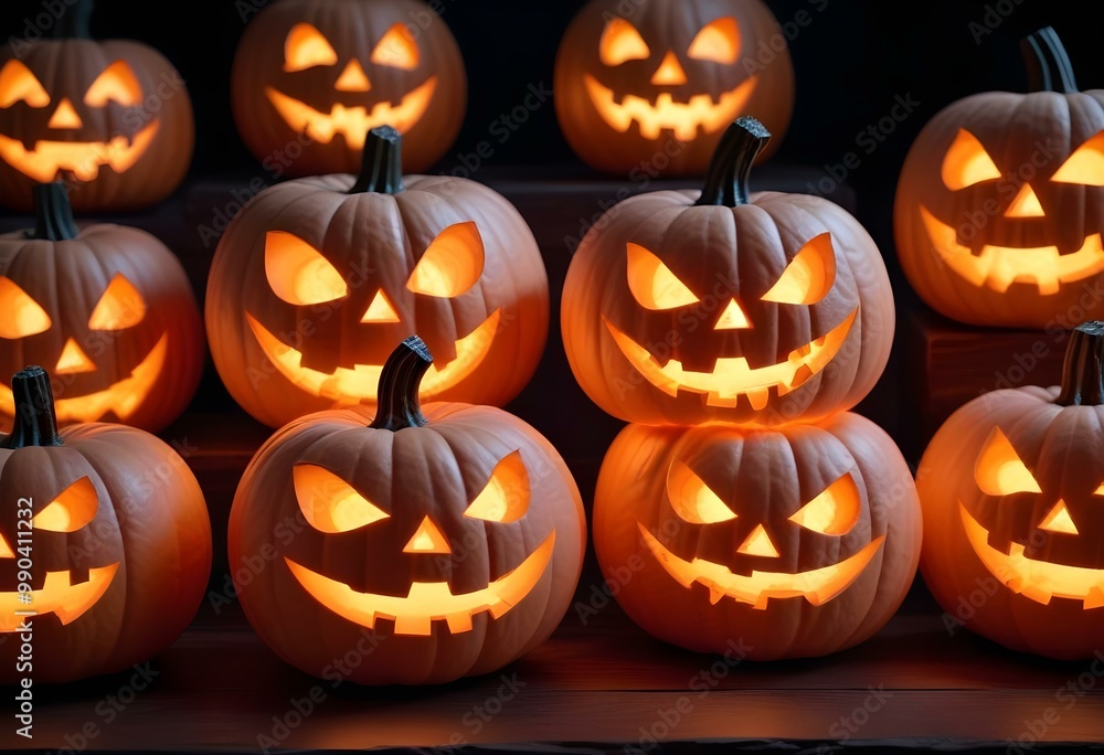 Carved jack-o'-lanterns with glowing faces on a dark background, creating a spooky Halloween atmosphere Carved jack-o'-lanterns with glowing faces on a dark background, creating a spooky Halloween atmosphere