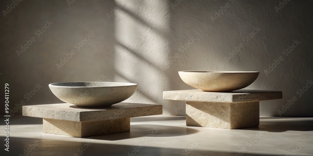 Stone Bowls on Minimalist Platforms, Sunlight, Interior Design, Minimalist, Concrete, Abstract Stone Bowls on Minimalist Platforms, Sunlight, Interior Design, Minimalist, Concrete, Abstract