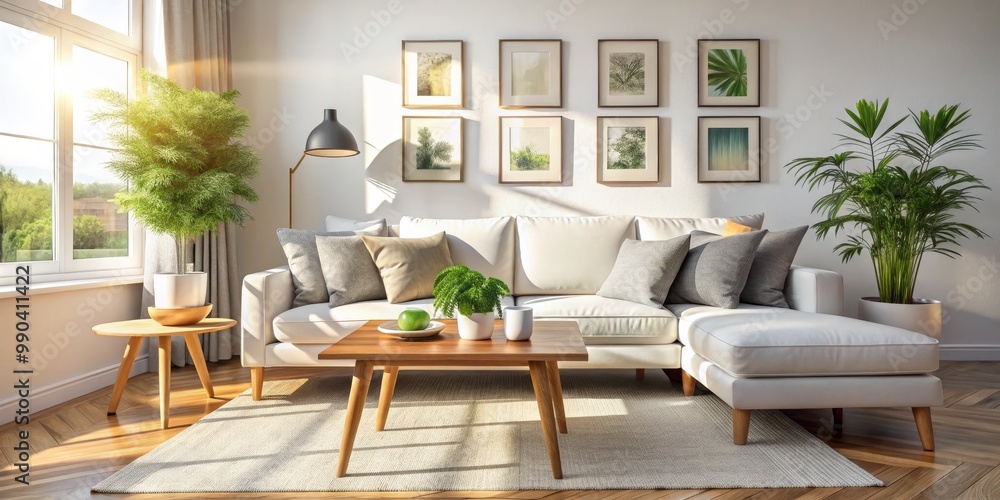 Fototapeta premium Sunlight Illuminates Modern Living Room with White Sofa, Wooden Coffee Table, and Green Plants, Interior Design, Home Decor, Minimalist Style, Living Room Furniture