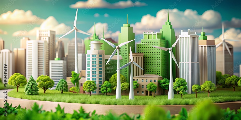 Sustainable Cityscape Miniature Model Of Urban Green Living With Wind