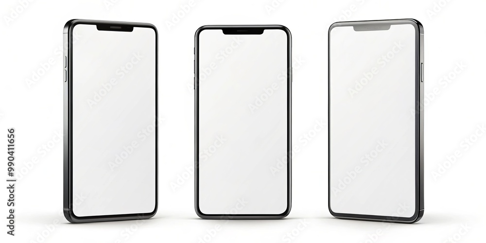 Three Black Smartphones with White Screens, 3D Render, Mockup, Design, Technology, Smartphone, Mockup Three Black Smartphones with White Screens, 3D Render, Mockup, Design, Technology, Smartphone, Mockup