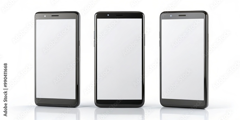 Three Black Smartphones with Blank Screens, White Background, Digital Mockup, 3D Render, Smartphone Mockup, White Background, Digital Mockup Three Black Smartphones with Blank Screens, White Background, Digital Mockup, 3D Render, Smartphone Mockup, White Background, Digital Mockup