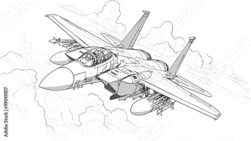 Military Jet in the Clouds Coloring Book Page Clean Line Art Dynamic Jet Illustration Soaring Clouds Fun Aviation Scene Drawing for Kids Exciting Aircraft Art Page