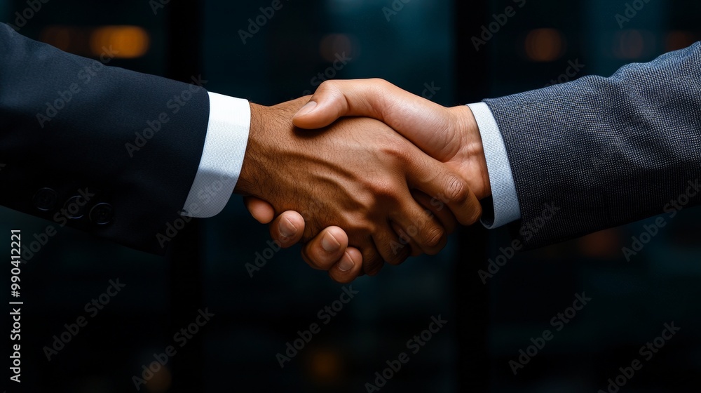 A Handshake of Trust: Two businessmen in suits shake hands, symbolizing a successful deal or partnership, against a backdrop of city lights. This photo embodies professionalism, mutual respect A Handshake of Trust: Two businessmen in suits shake hands, symbolizing a successful deal or partnership, against a backdrop of city lights. This photo embodies professionalism, mutual respect