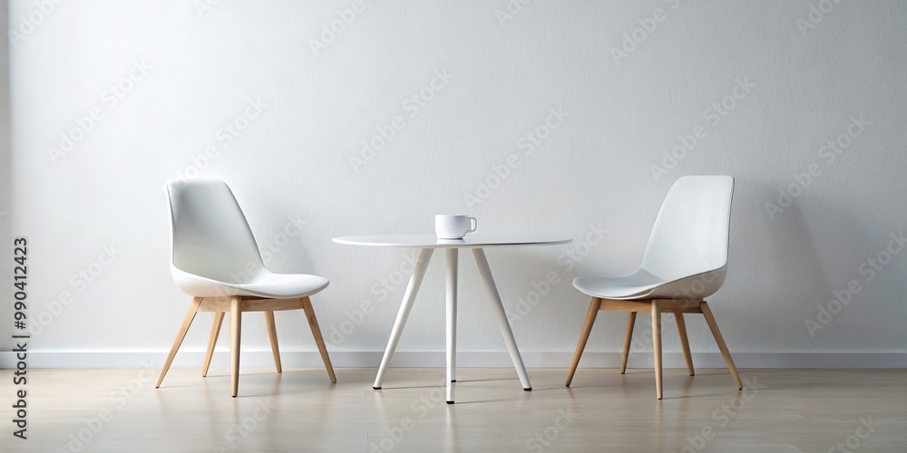White Chairs and Table against a White Wall, Two White Chairs with a Round White Table in a Minimalist Setting, White Interior with White Furniture, minimalism , interior design, white wall White Chairs and Table against a White Wall, Two White Chairs with a Round White Table in a Minimalist Setting, White Interior with White Furniture, minimalism , interior design, white wall