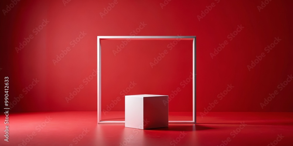 White Frame and Cube on Red Background, Minimalism, Red, White White Frame and Cube on Red Background, Minimalism, Red, White