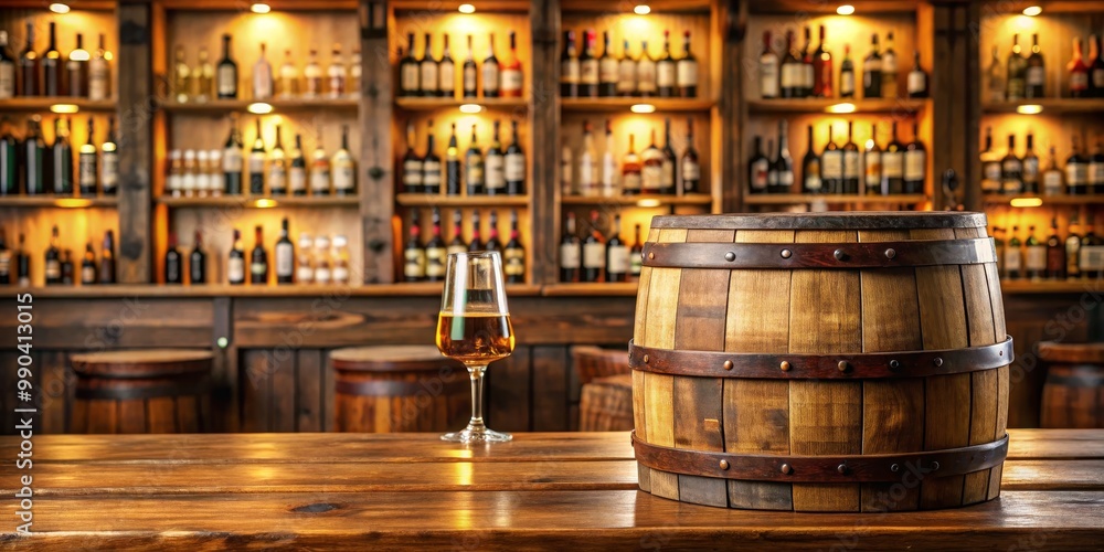 Wooden Barrel and Wine Glass on Rustic Bar Counter, Wine Cellar, Rustic Bar, Vintage Wooden Barrel and Wine Glass on Rustic Bar Counter, Wine Cellar, Rustic Bar, Vintage