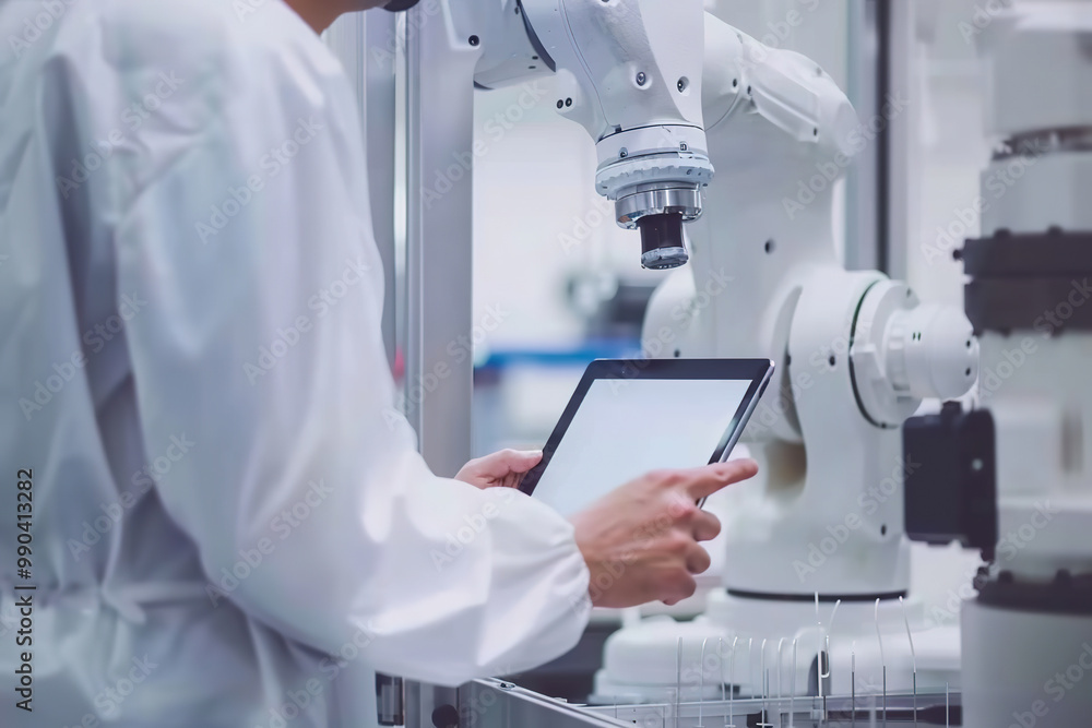 Close-up of an unrecognizable engineer controlling an industrial robotic arm with a tablet in an advanced technological automation laboratory Close-up of an unrecognizable engineer controlling an industrial robotic arm with a tablet in an advanced technological automation laboratory