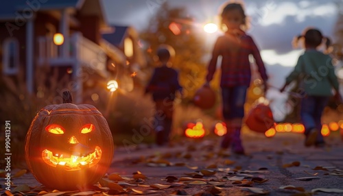 Children trick-or-treating in a neighborhood at sunset, carrying pumpkin buckets. Lit Jack-o'-lanterns line the path, creating a festive Halloween atmosphere. photo