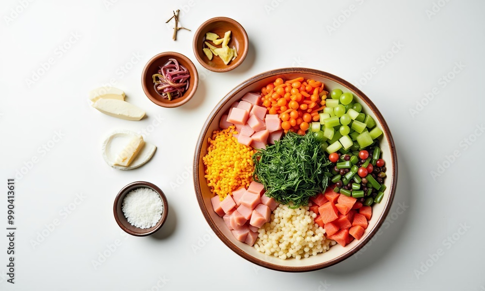 Poke bowl preparations top view. The dish is filled with fresh and vibrant ingredients such as diced fish, seaweed and colorful vegetables. Poke bowl preparations top view. The dish is filled with fresh and vibrant ingredients such as diced fish, seaweed and colorful vegetables.