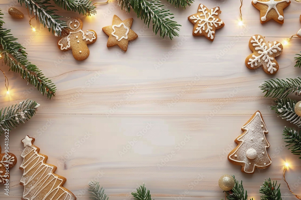 Top view border from gingerbreads, spruce and lights on the wooden background. New year backdrop with copyspace Top view border from gingerbreads, spruce and lights on the wooden background. New year backdrop with copyspace