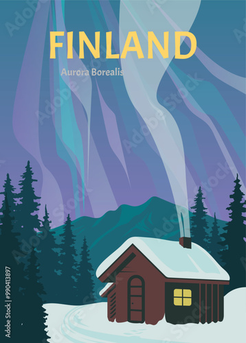 northern lights in finland travel poster design, beauty cabin vintage logo design