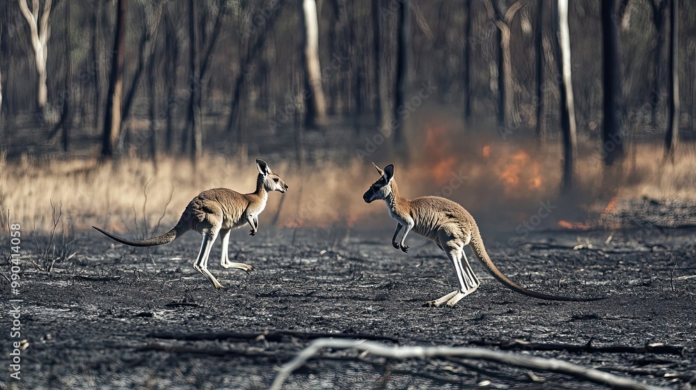 Two Kangaroos Standing in a Burnt-Out Forest