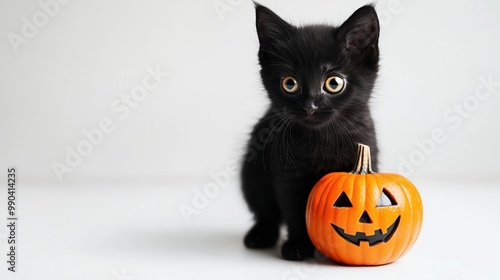 Black kitten with Halloween pumpkin on a white background