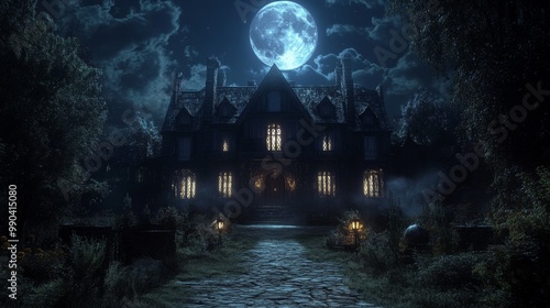 A mysterious stone manor sits under a full moon, beckoning down a cobblestone path. .