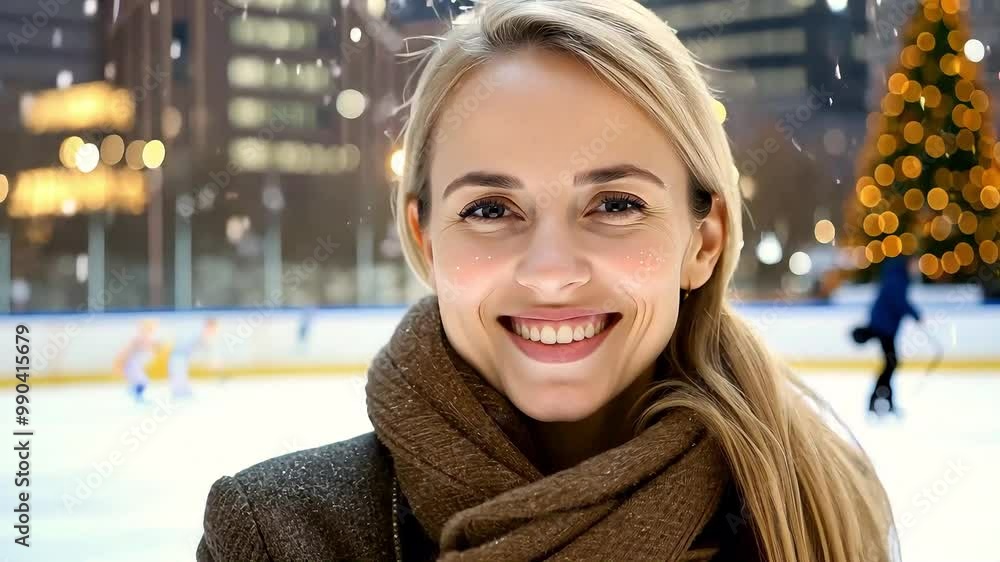 Woman posing near ice rink with winter tree in the background Woman posing near ice rink with winter tree in the background