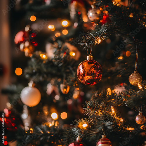 Christmas tree with Christmas decorations red and yellow balls with illuminations and Christmas atmospheric