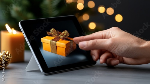 Gift Giving Made Easy: A hand reaches out to a tablet displaying a virtual gift box, capturing the essence of online shopping and festive cheer. The warm glow of candlelight and blurred holiday lights photo